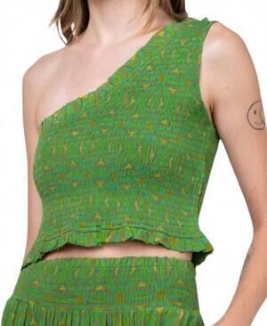 NEW SHINE silk ruched tank in green geometric